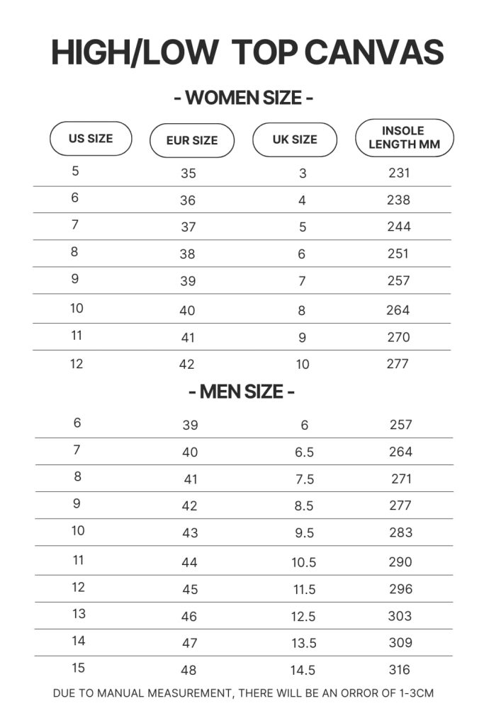 High Top Low Top Canvas Shoes Size Chart 1 - Slam Dunk Store