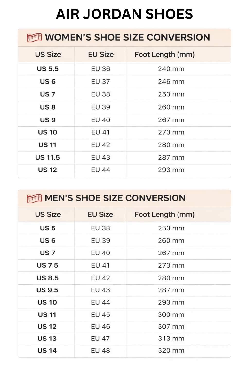 Air Jordan High Low Top Shoes Size Chart - Slam Dunk Store