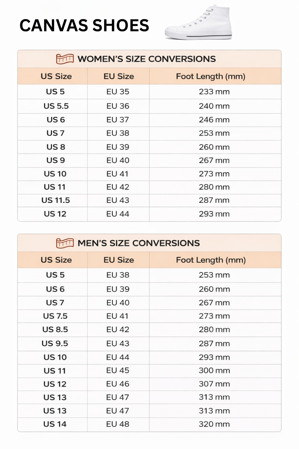 High Top Canvas Shoes Size Chart - Slam Dunk Store