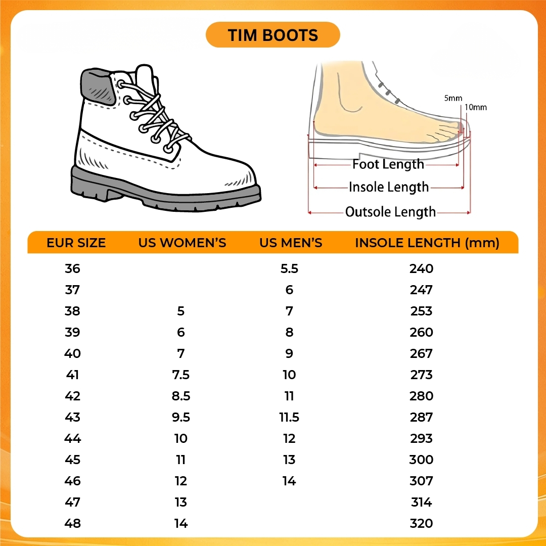 Tim Boots V1 Size Chart - Slam Dunk Store